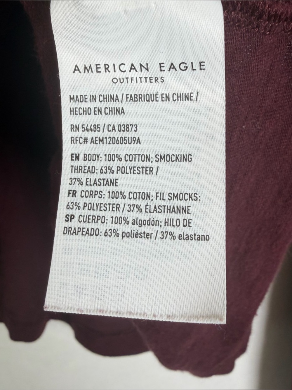 American Eagle Women’s Smocked Crop Top Sz S Y2K Coquette Peasant Blouse in Wine - Picture 6 of 6